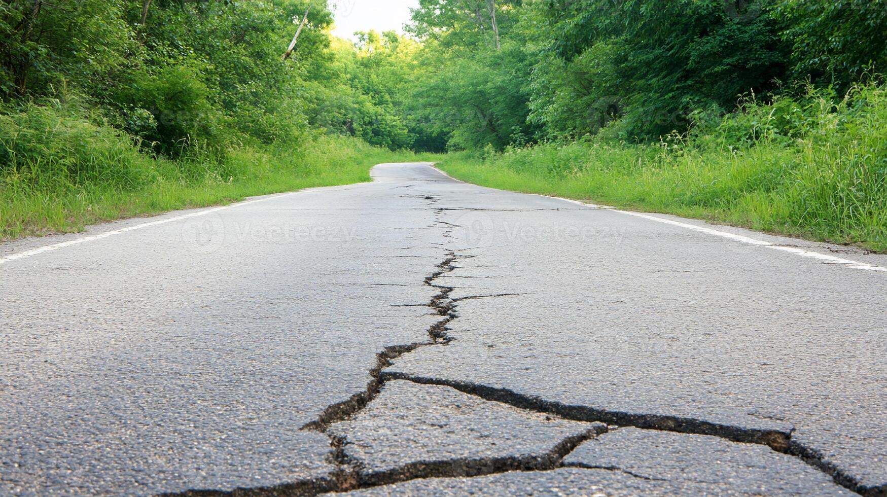 A cracked, winding road surrounded by lush greenery. photo