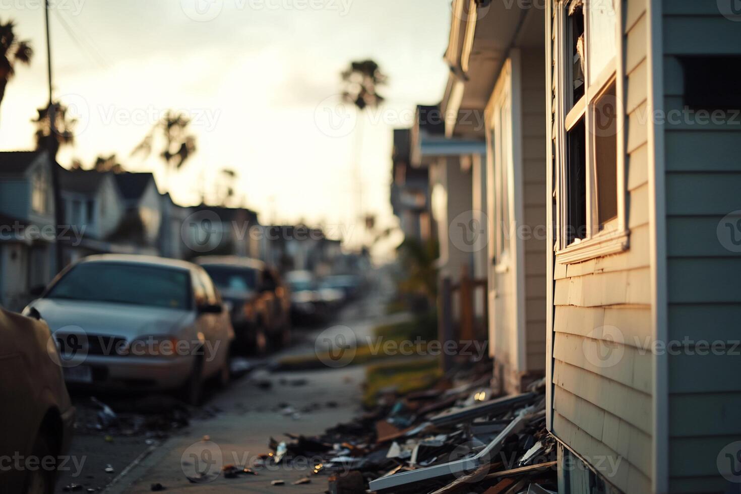 A street scene depicting damage to homes and vehicles after a disaster. photo