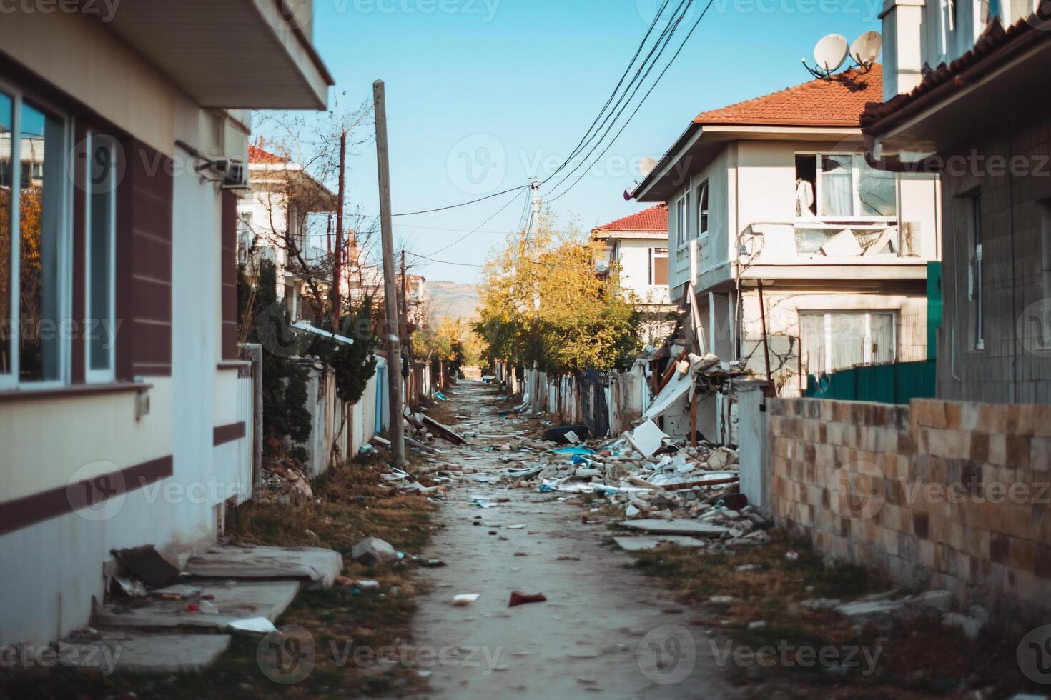 A narrow, debris-strewn path between houses under a clear blue sky. photo