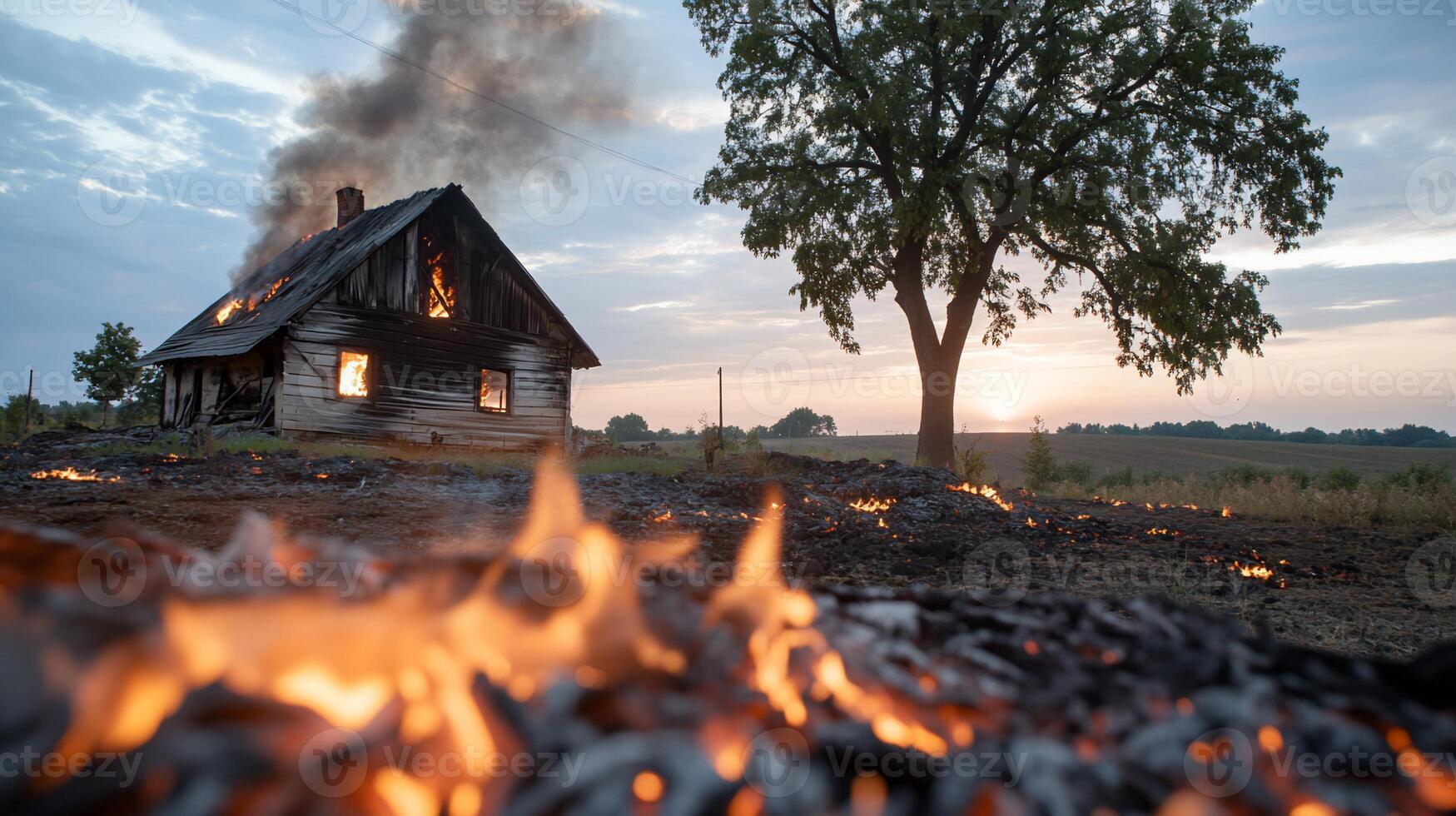 A burning house with smoke rising against a sunset backdrop. photo