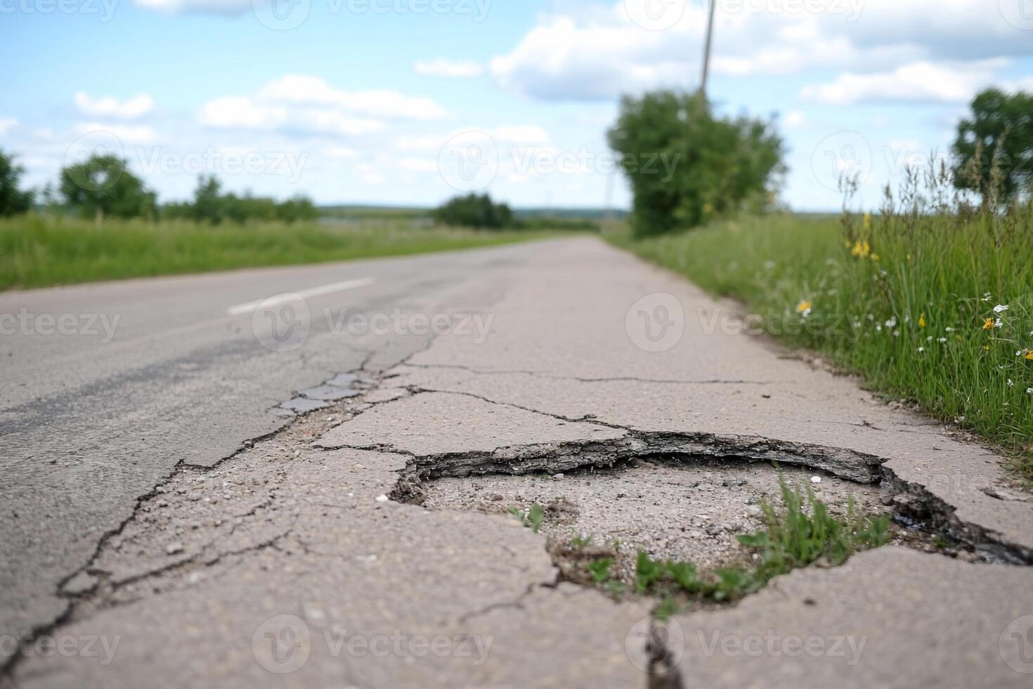 A cracked road with a pothole surrounded by greenery and blue skies. photo