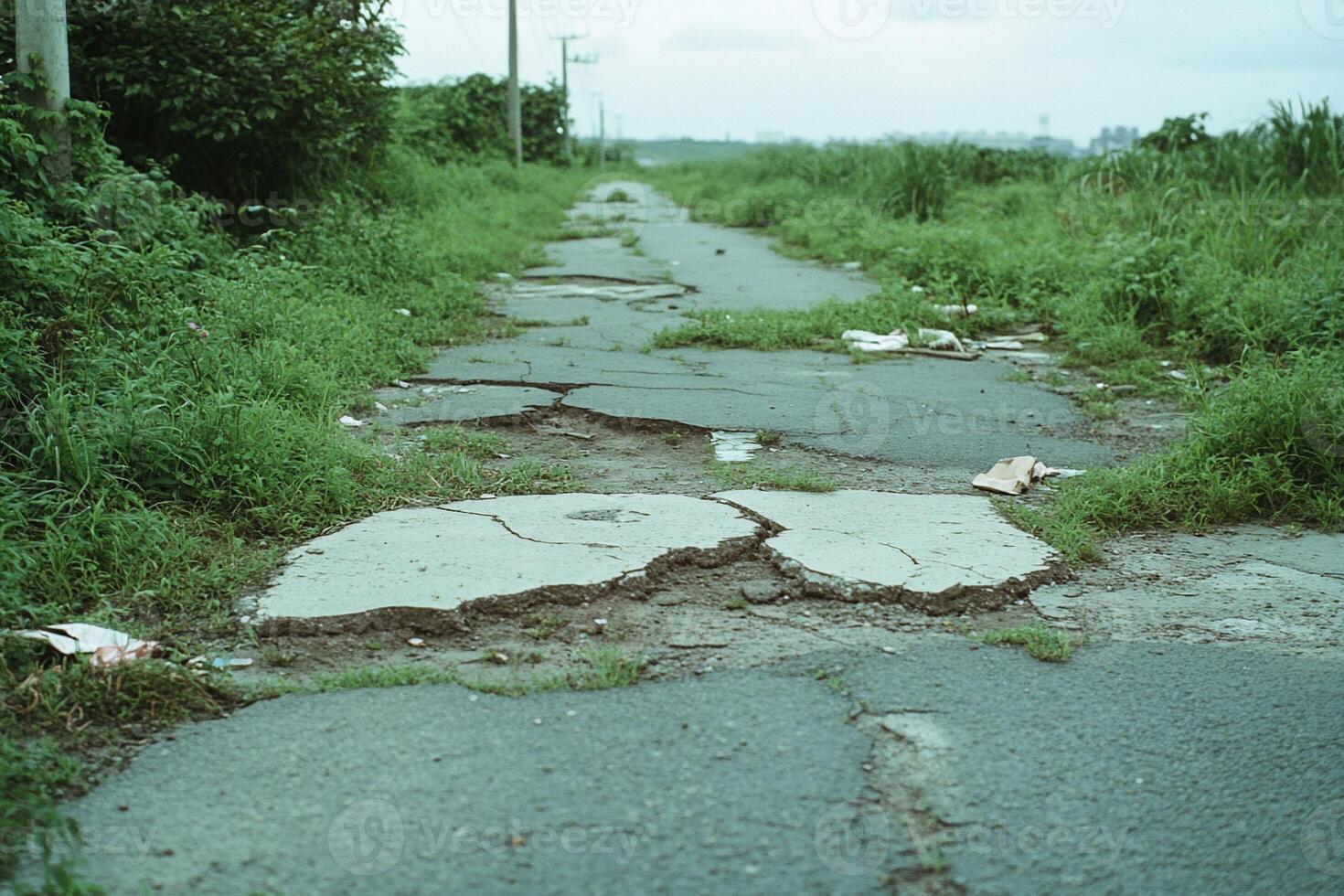 Cracked pavement surrounded by overgrown grass and debris. photo