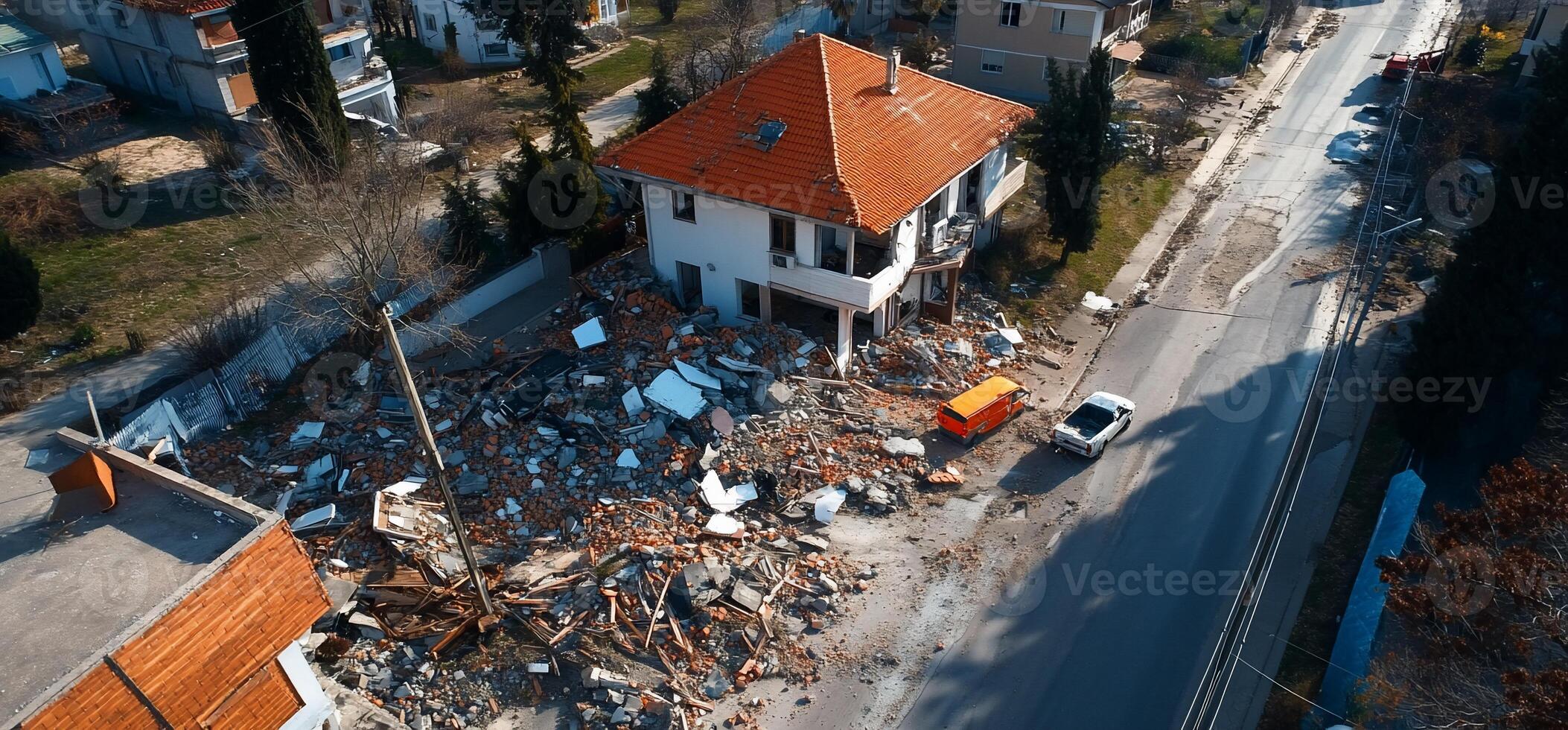 Aerial view of a damaged building after an earthquake. photo