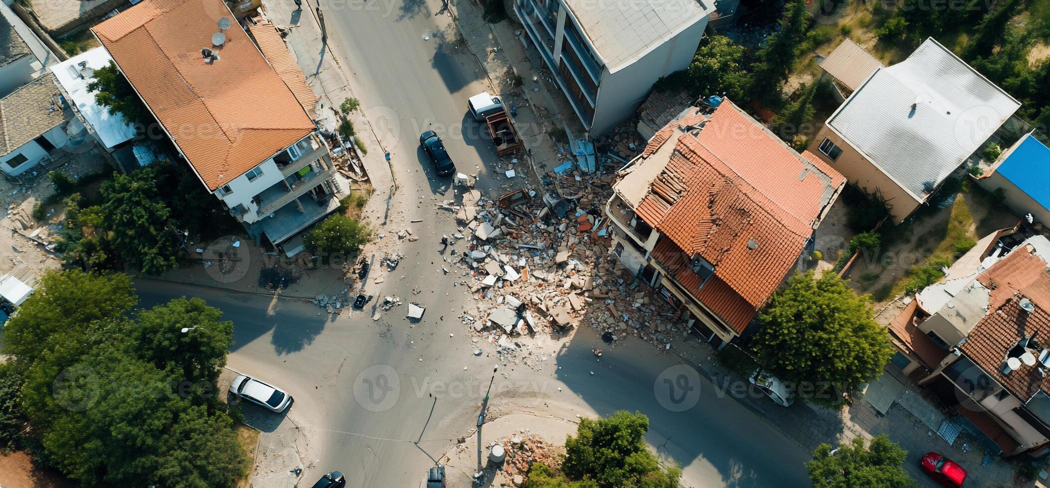 Aerial view of a damaged building after an earthquake on a street. photo
