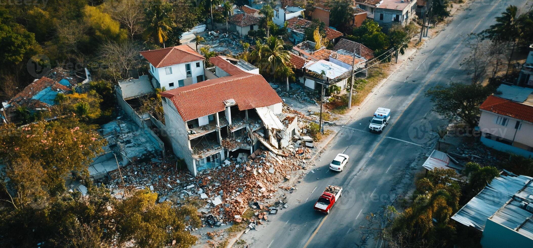 Aerial view of a damaged building beside a road after a disaster. photo