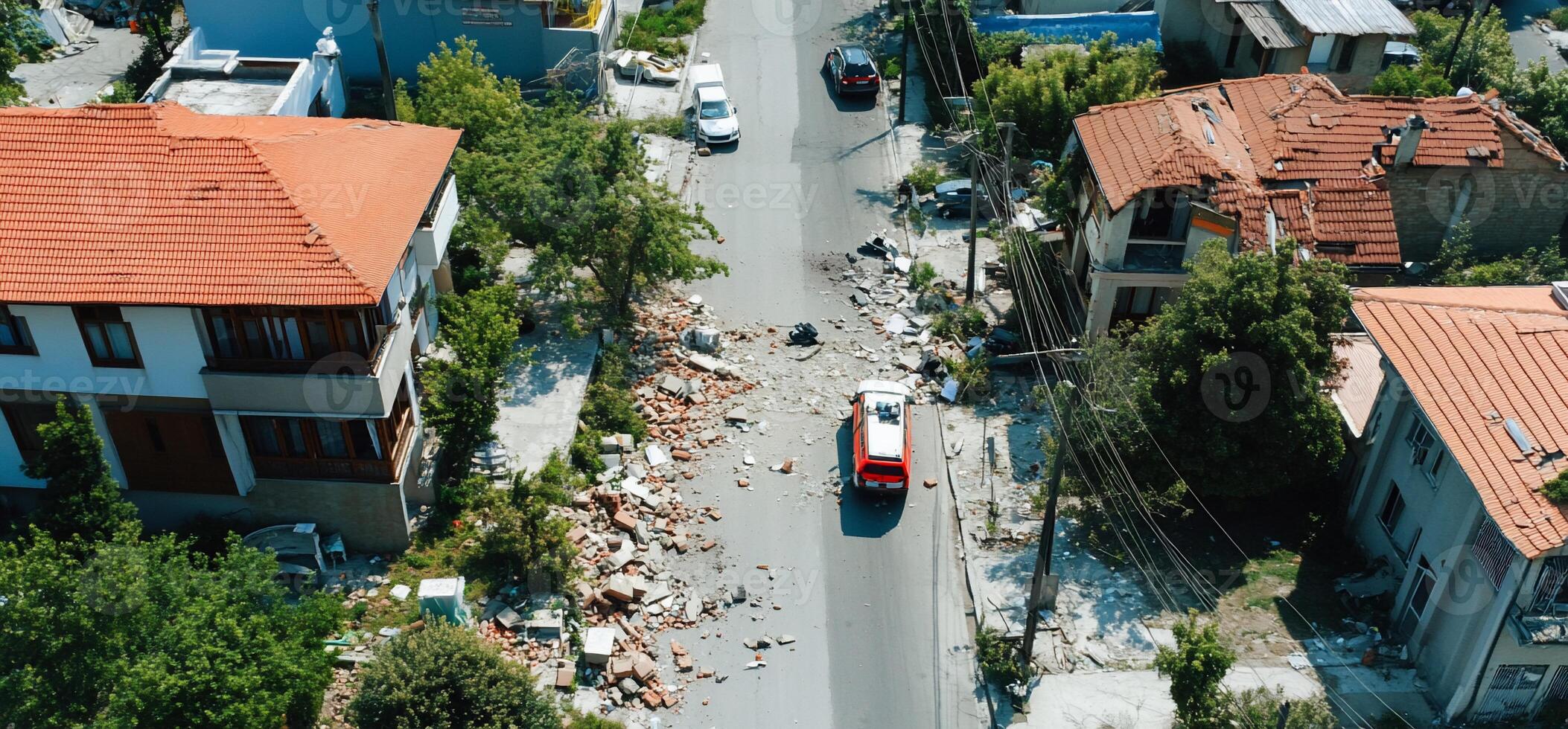 Aerial view of a street with debris from a recent earthquake. photo