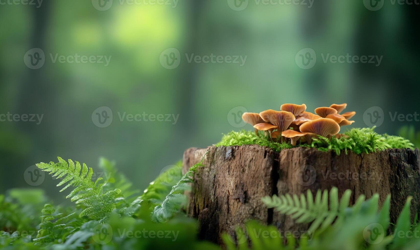 A cluster of mushrooms growing on a mossy tree stump in a forest. photo