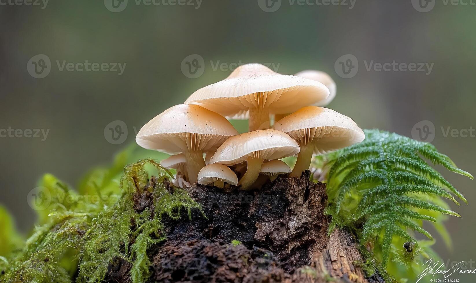 A cluster of mushrooms growing on a mossy log in a forest. photo