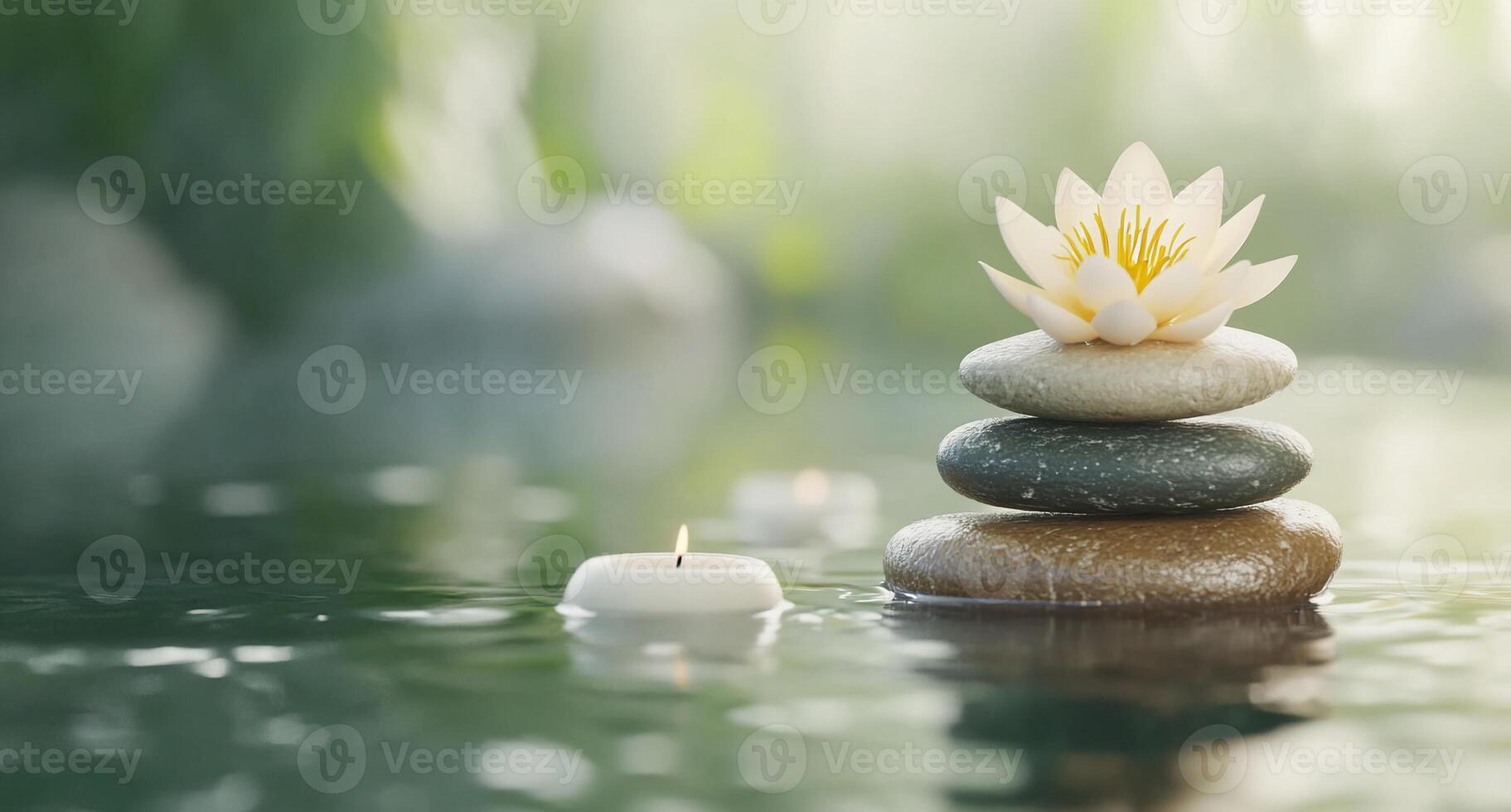 Tranquil scene with stacked stones, a lotus flower, and a floating candle. photo