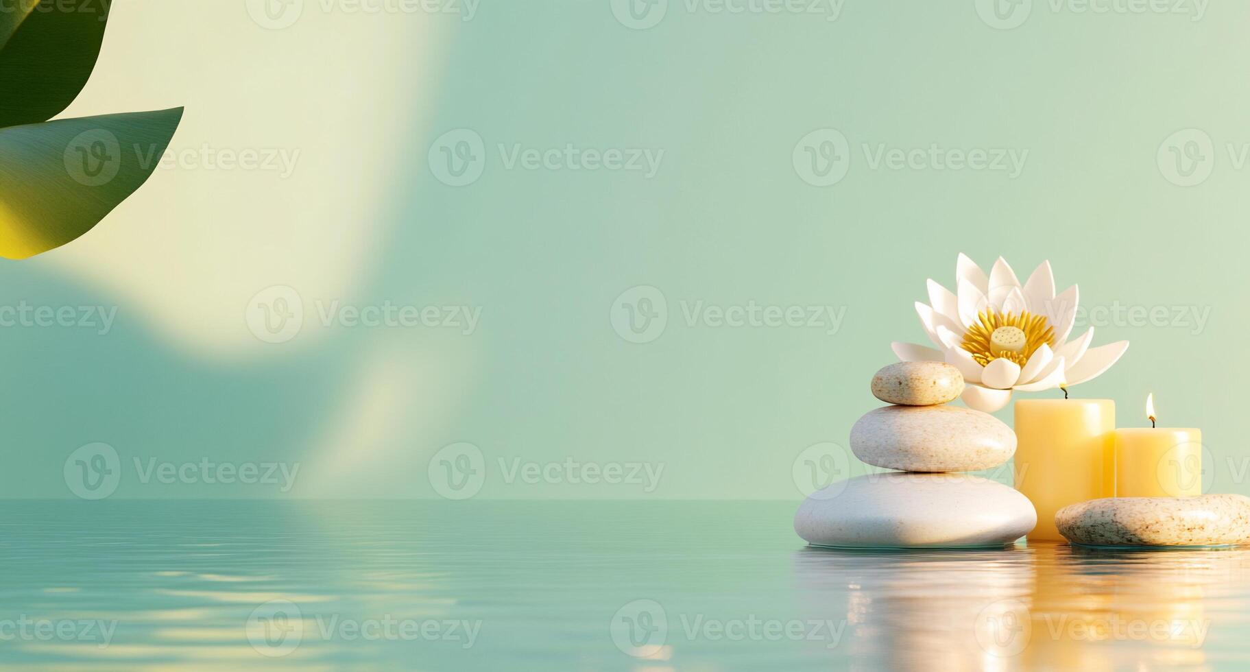 A serene arrangement of stones, candles, and a lotus flower. photo