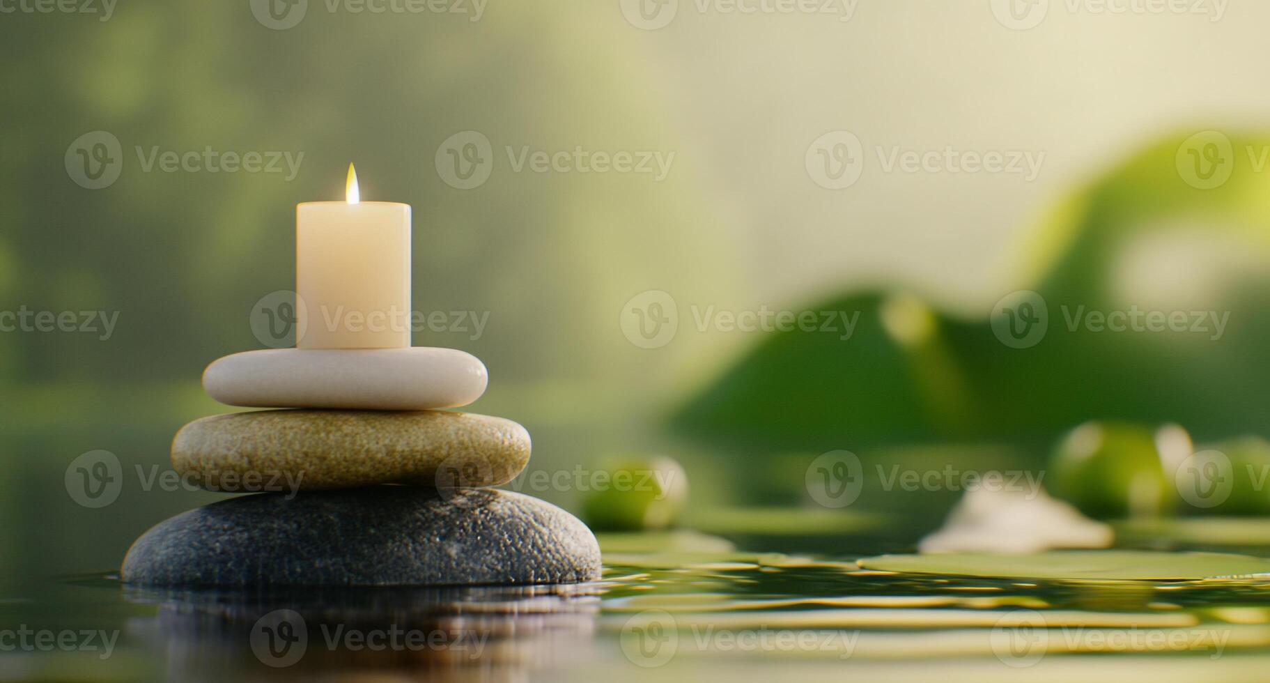A serene candle atop stacked stones in tranquil water, promoting relaxation. photo