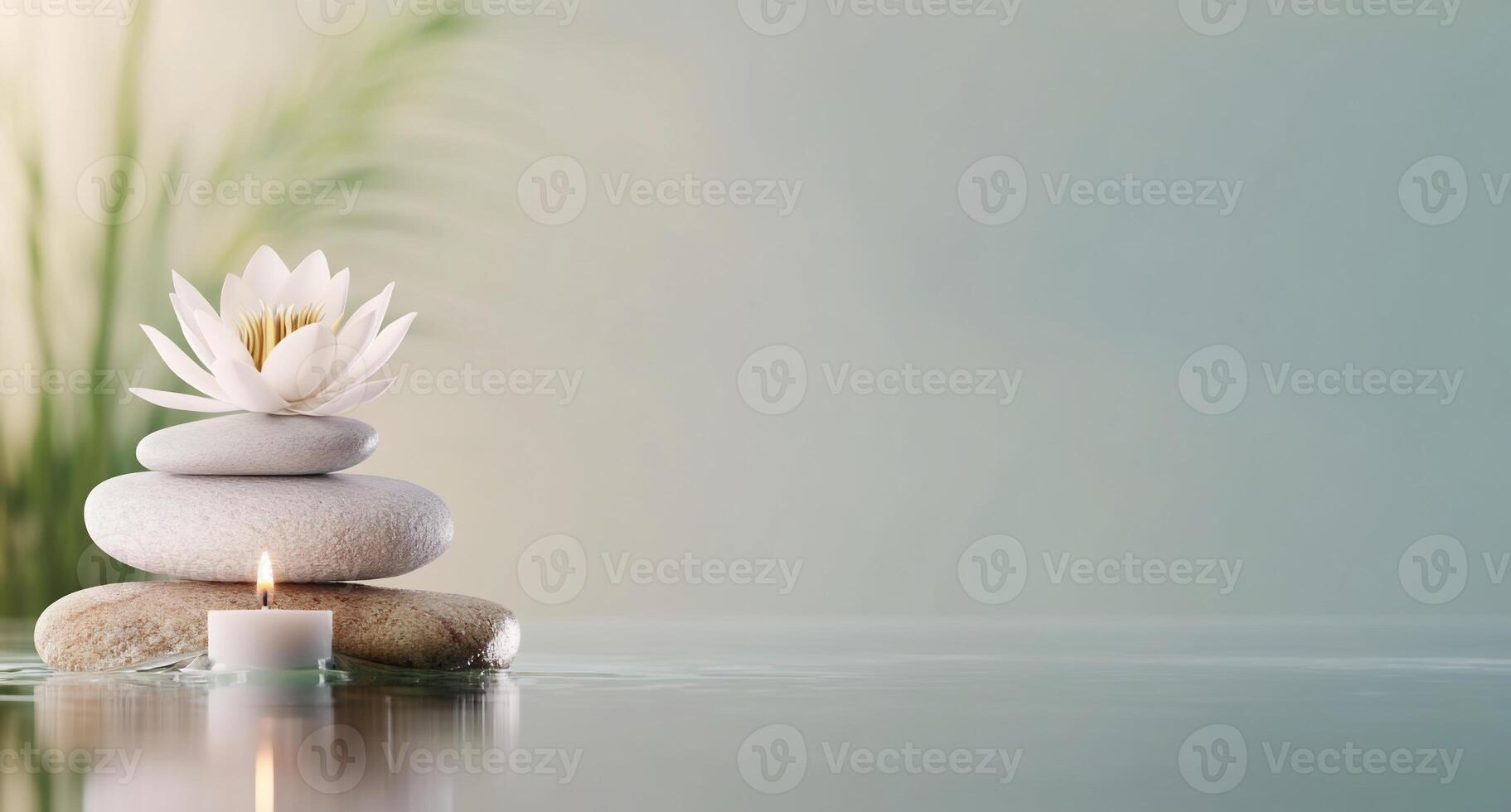 A serene arrangement of stones, a candle, and a lotus flower. photo