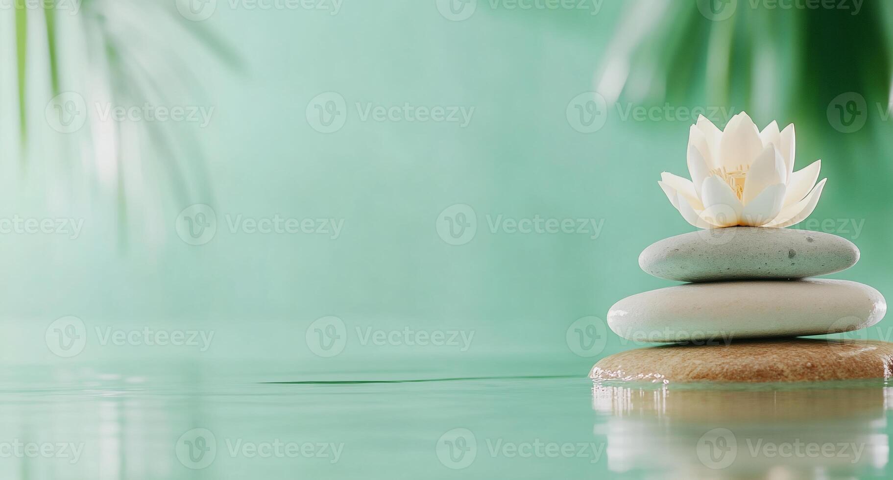 Serene arrangement of stones and a lotus flower on calm water. photo