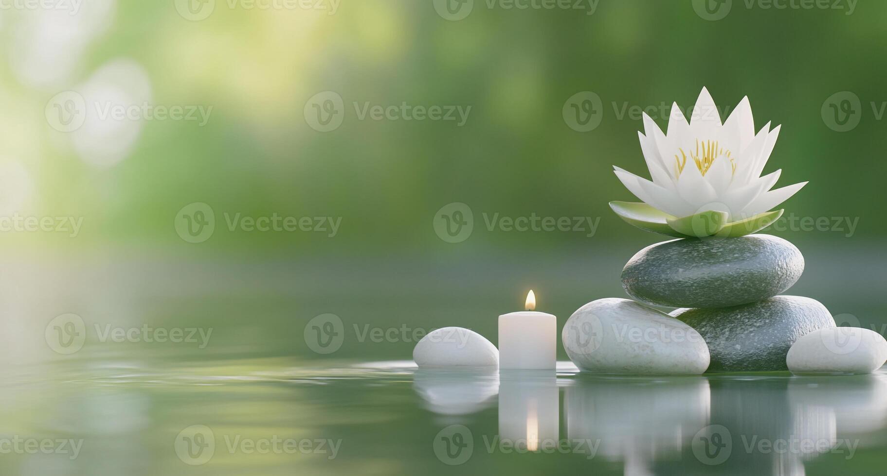 A serene scene featuring a lotus flower, candles, and stones on water. photo