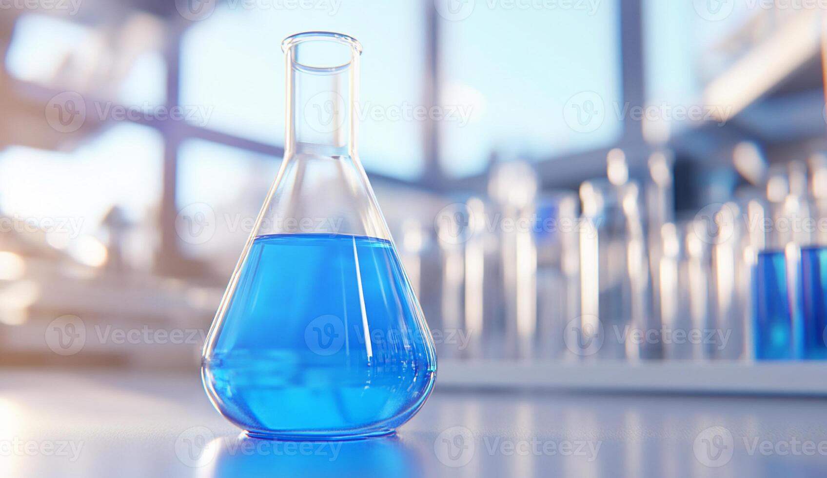 A laboratory flask filled with blue liquid, surrounded by test tubes. photo