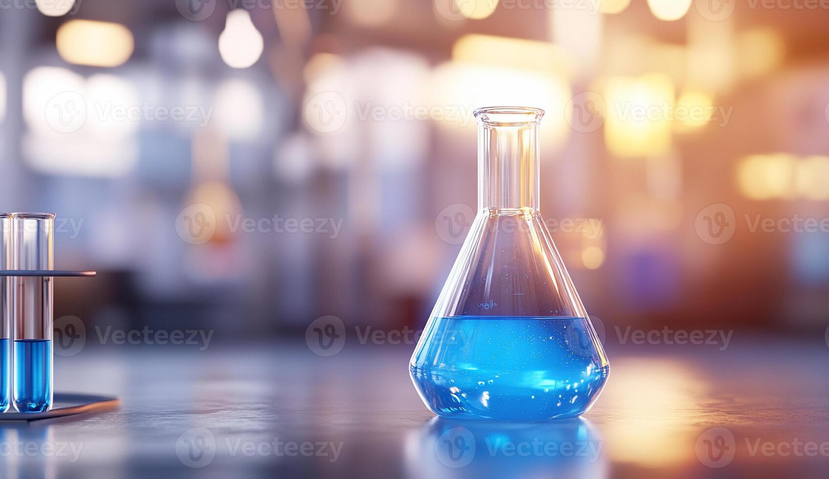 A laboratory scene featuring blue liquid in glassware. photo