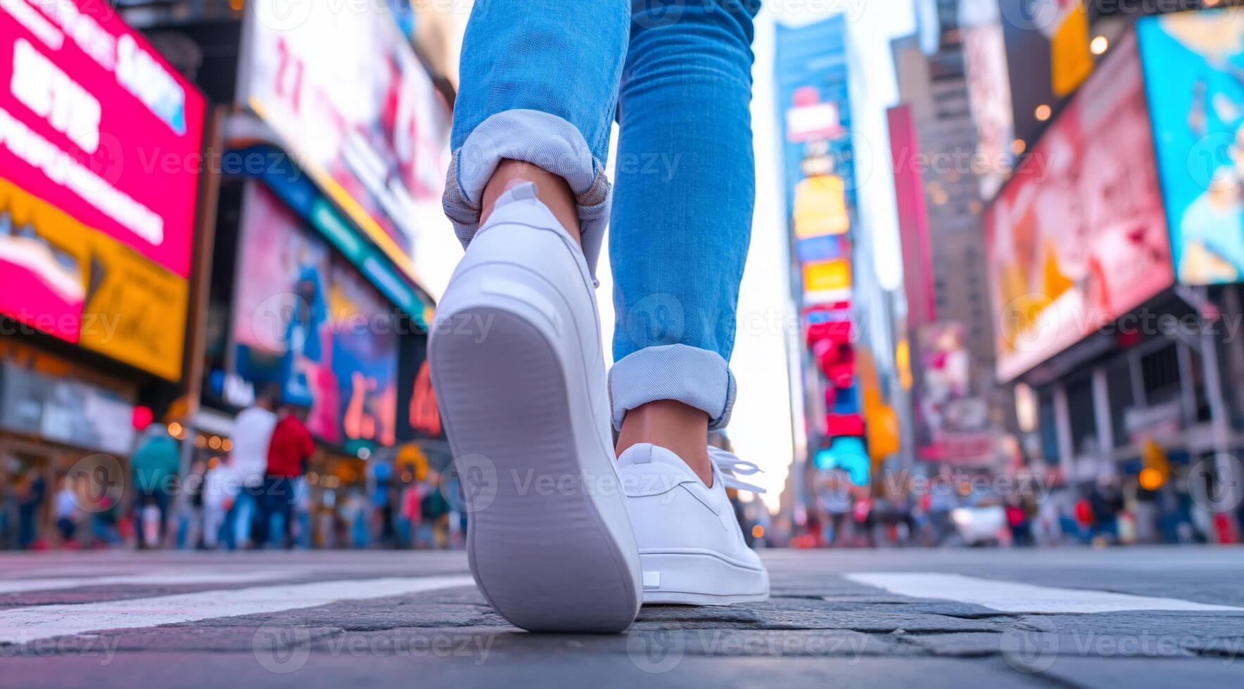 A person walking in Times Square, showcasing vibrant city life. photo