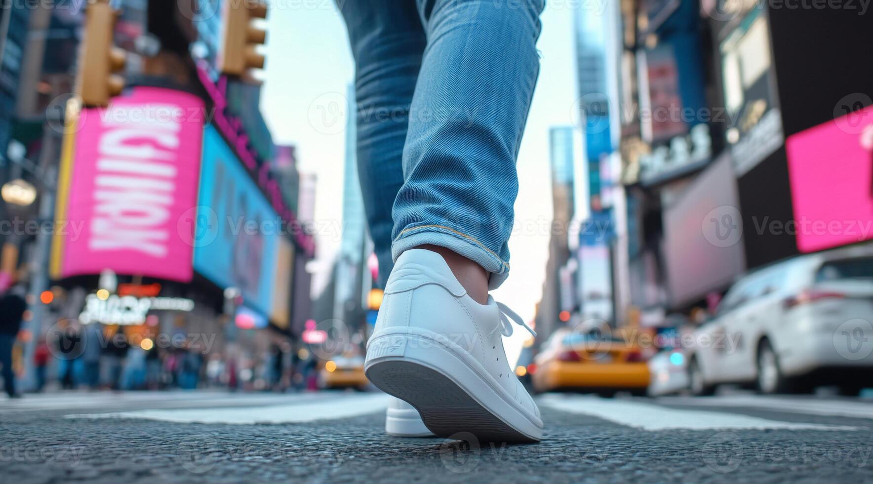 A person walking in Times Square, showcasing urban lifestyle and activity. photo