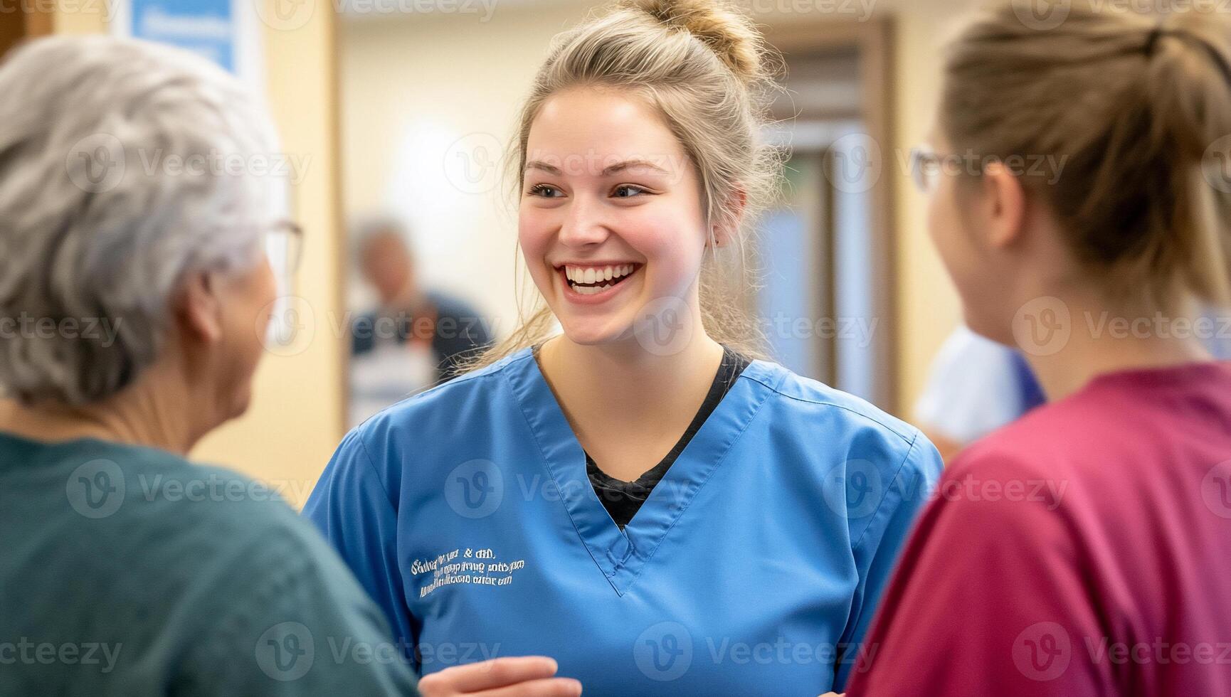 A healthcare professional engages warmly with patients in a friendly setting. photo