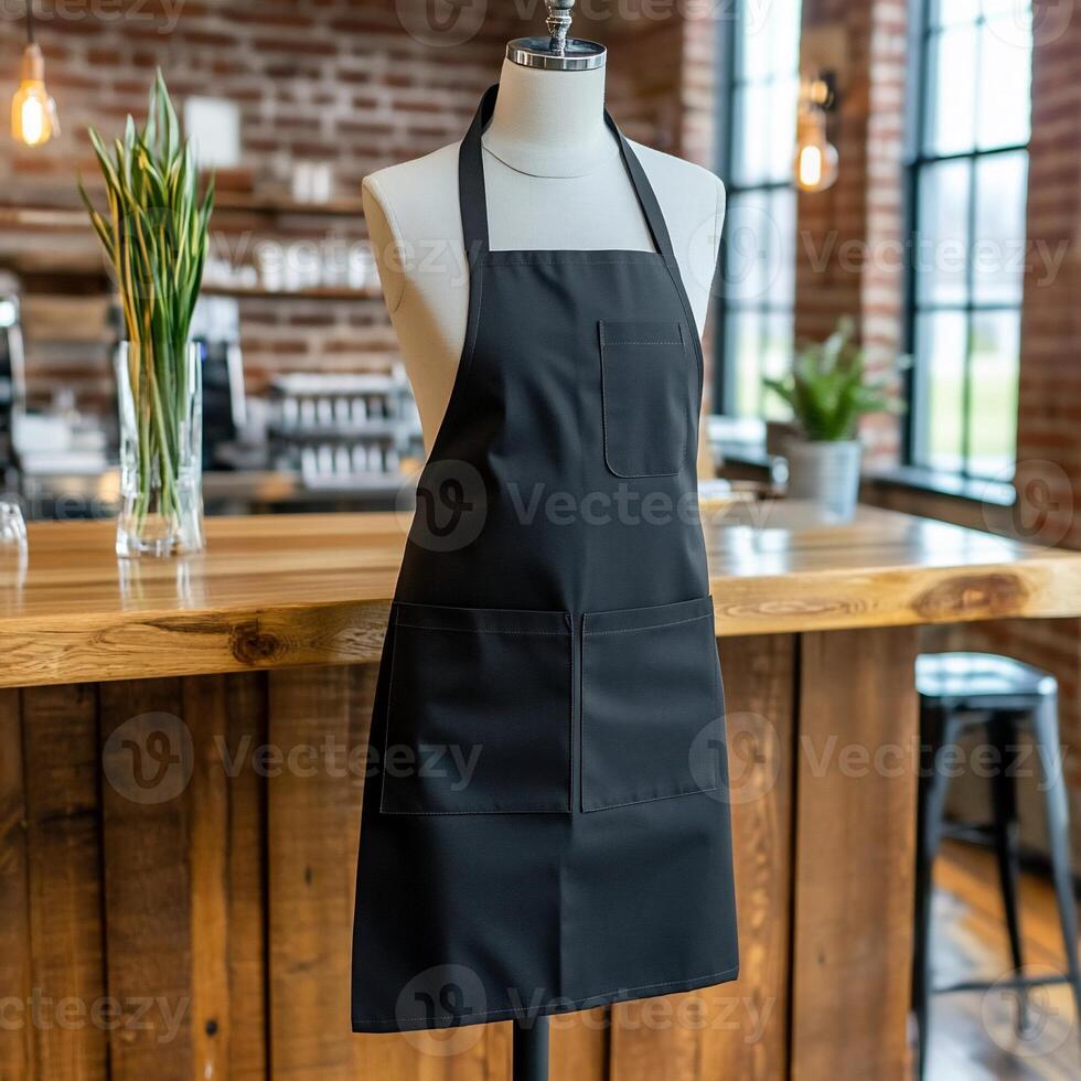 A black apron displayed on a mannequin in a cafe setting. photo