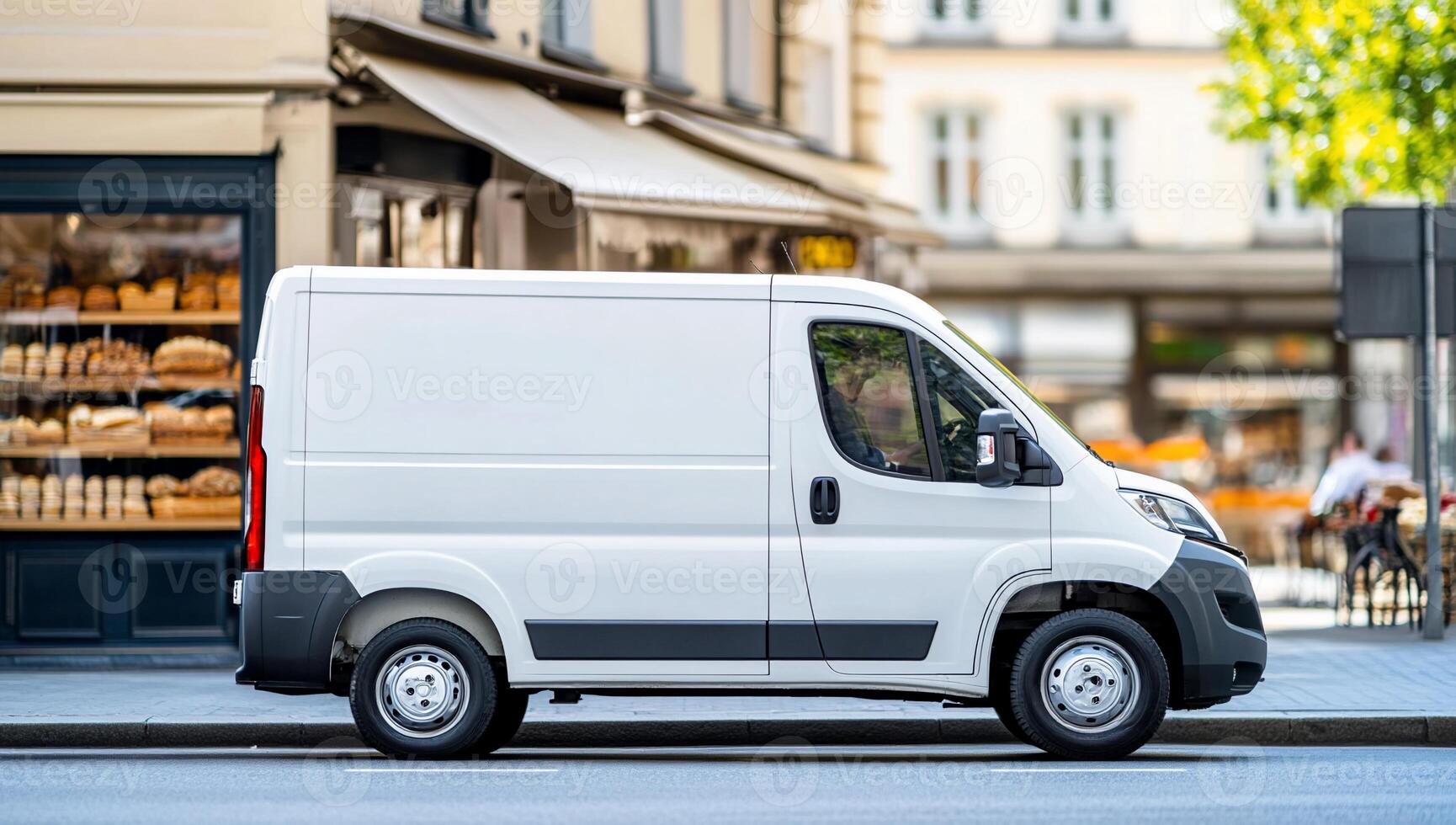 A white delivery van parked on a city street near a bakery. photo