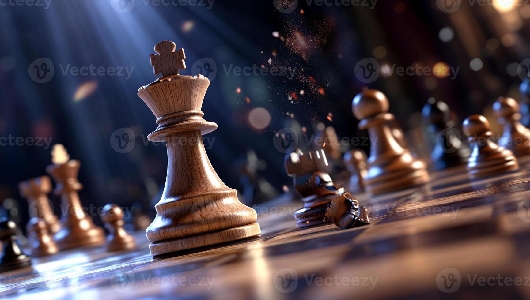 A dramatic chess scene highlighting a wooden king amidst scattered pieces. photo