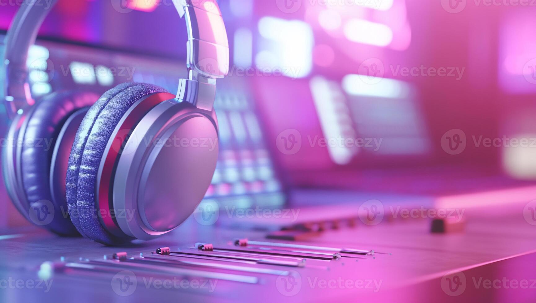 Headphones rest on a sound mixer, showcasing a vibrant audio environment. photo