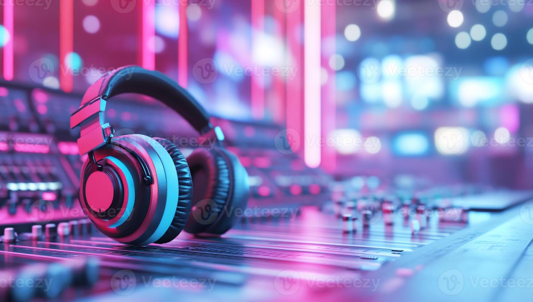 Headphones resting on a mixing console with vibrant lighting. photo