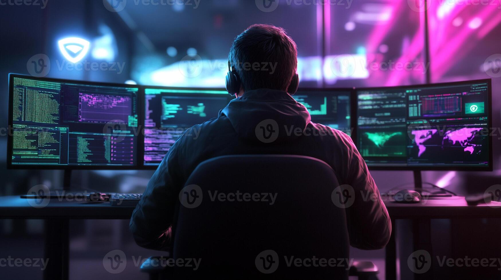 A person monitors multiple screens with data and maps in a tech environment. photo