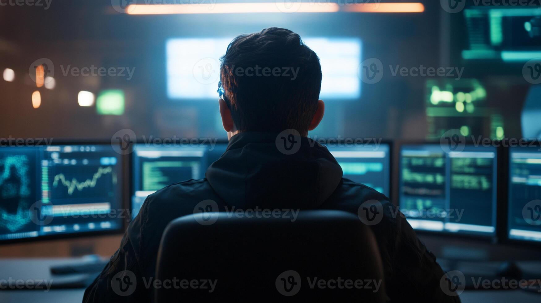 Person monitoring data on multiple screens in a dark environment. photo