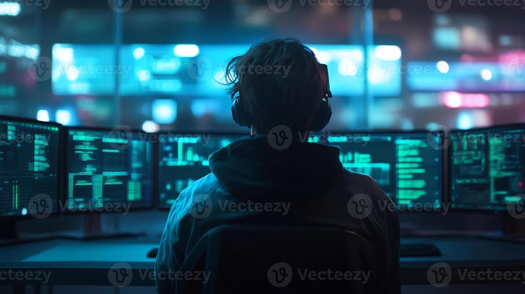 A person working on multiple screens displaying code and data analysis. photo