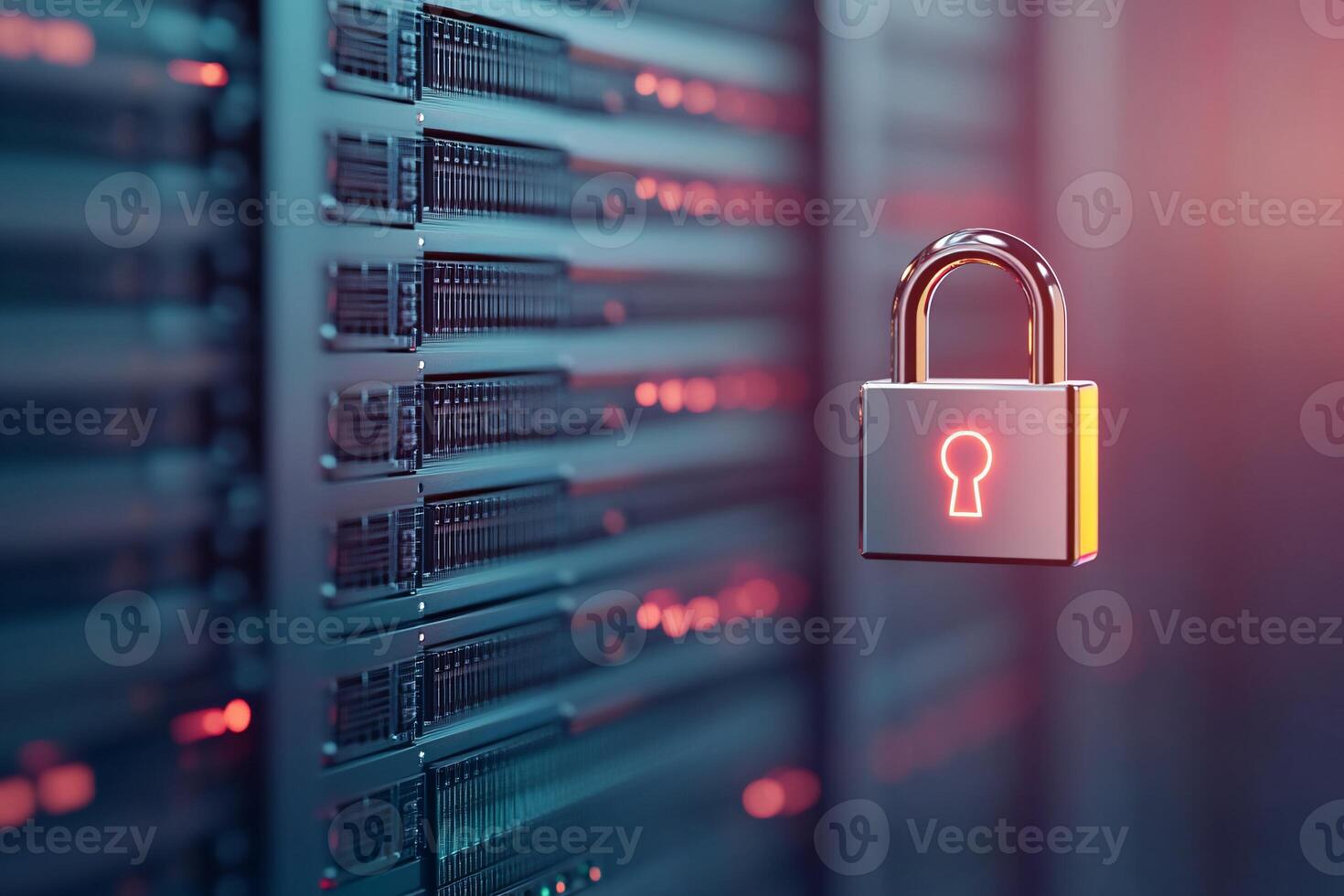 A digital padlock symbolizes data security in a server environment. photo