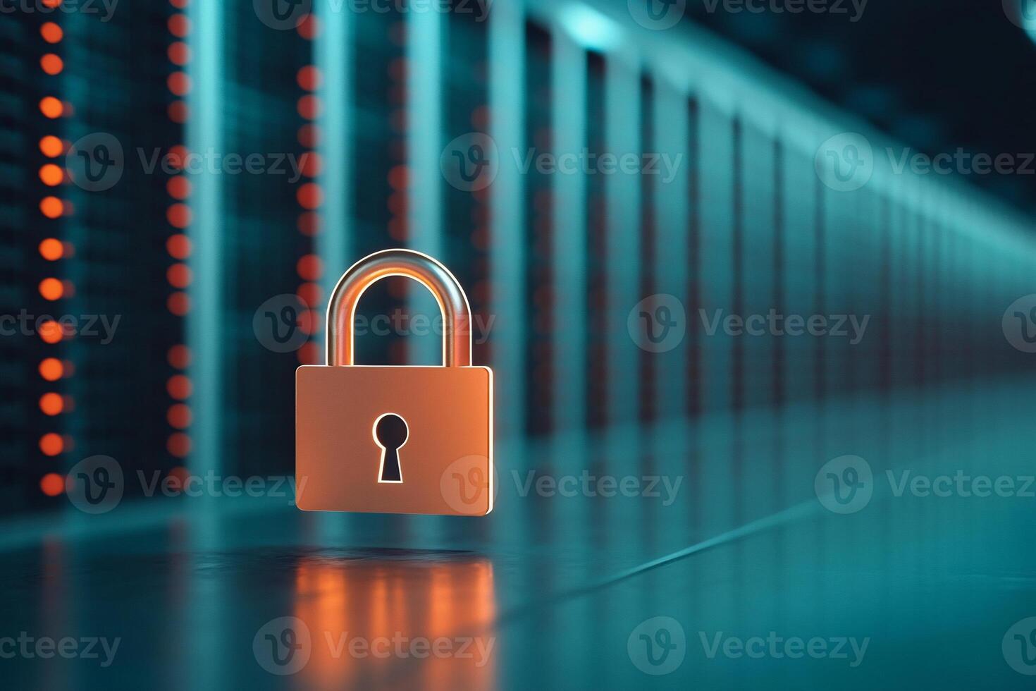 A digital padlock symbolizing cybersecurity in a data center. photo
