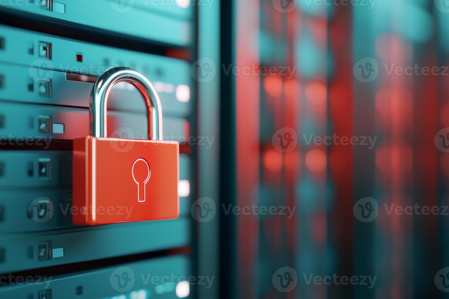 A digital lock symbolizes data security on server racks. photo