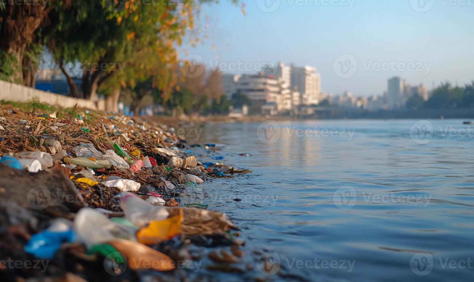 Pollution along a riverbank with plastic waste and urban backdrop. photo