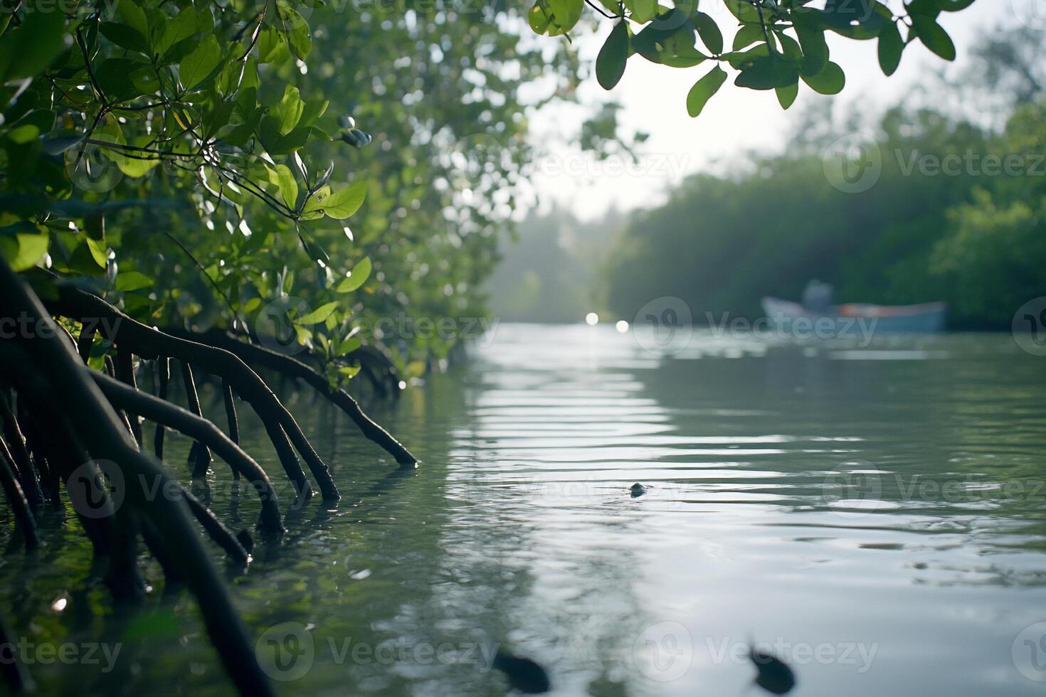 Serene mangrove scene with water reflections and a distant boat. photo