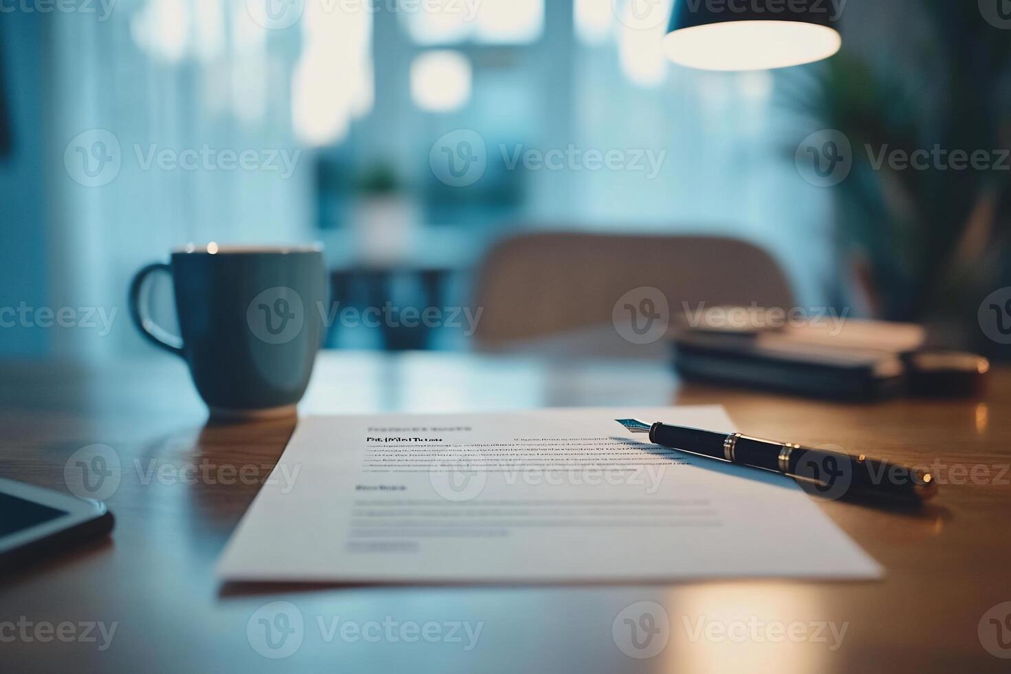 A workspace scene with a document, pen, coffee, and electronic device. photo