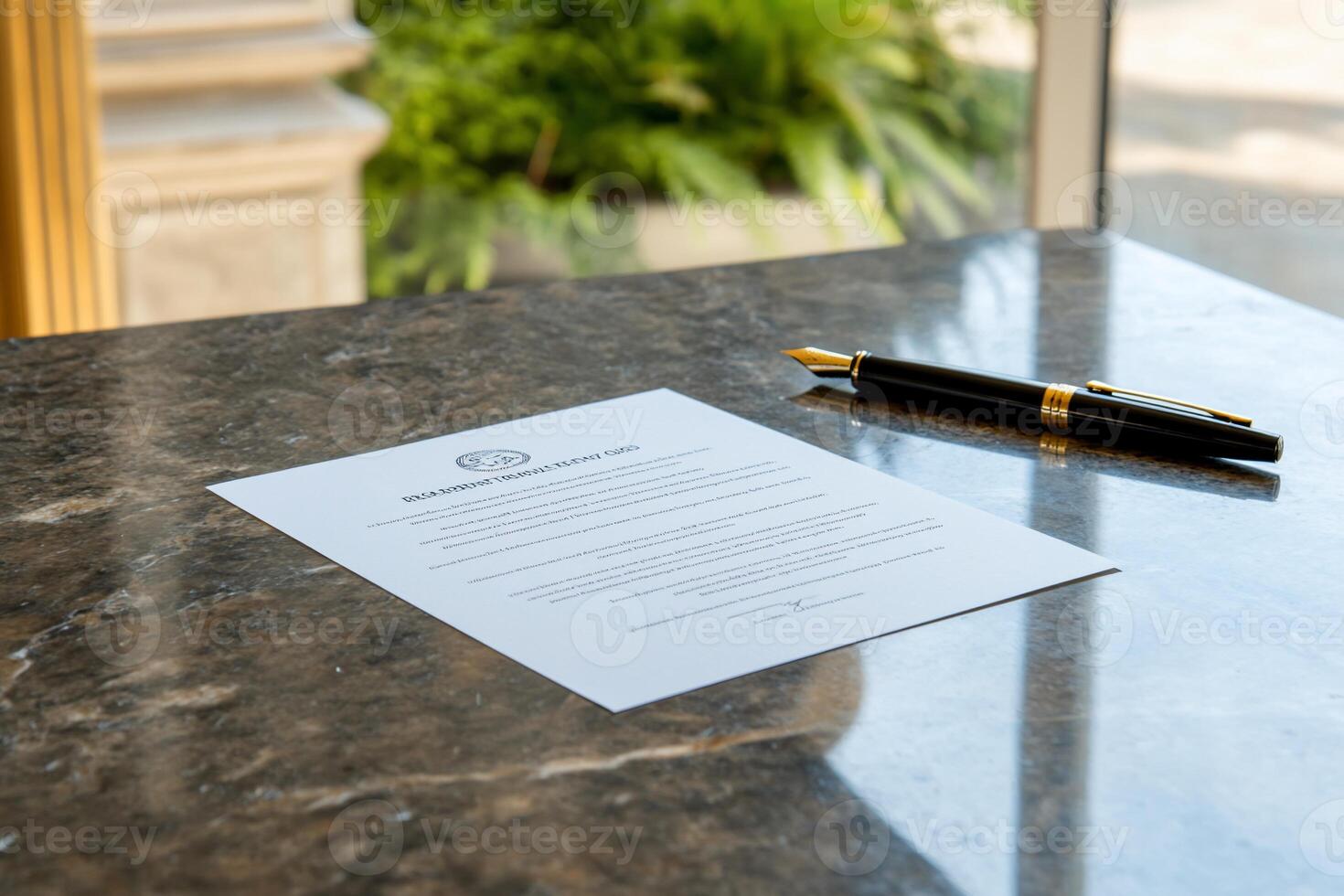 A formal document on a marble table with a pen nearby. photo