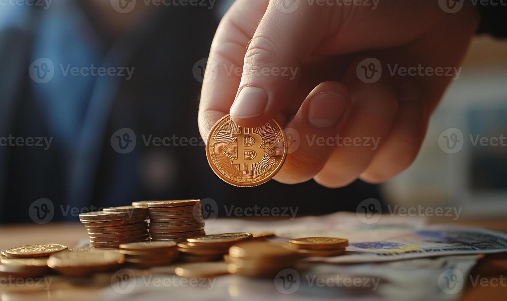A hand holds a Bitcoin above a stack of coins and banknotes. photo