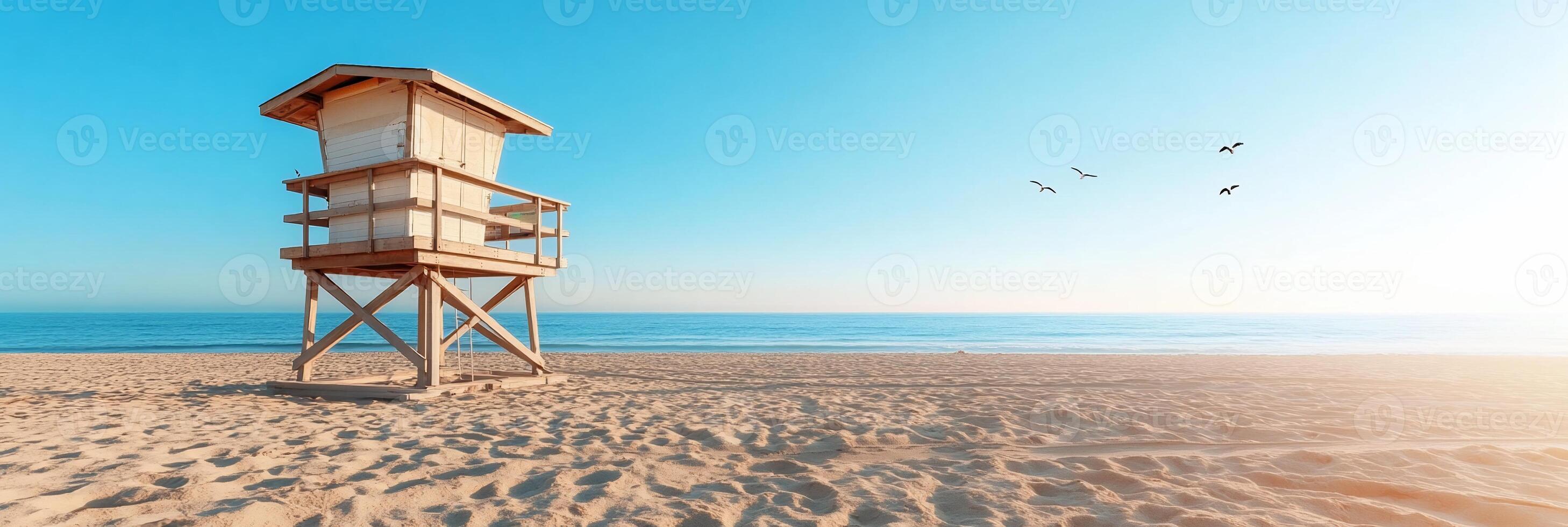 A lifeguard tower on a serene beach at sunset. photo