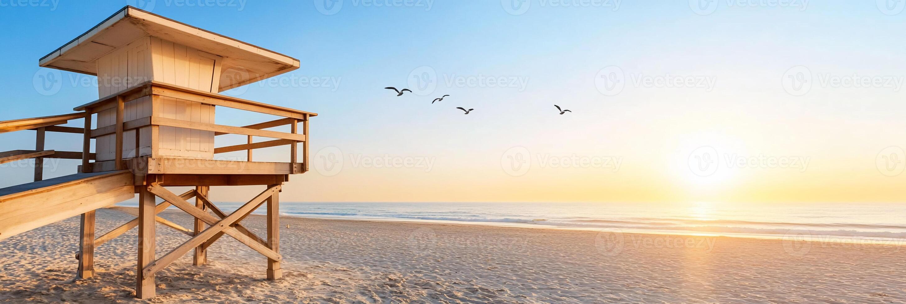 A serene beach scene with a lifeguard tower and sunrise. photo