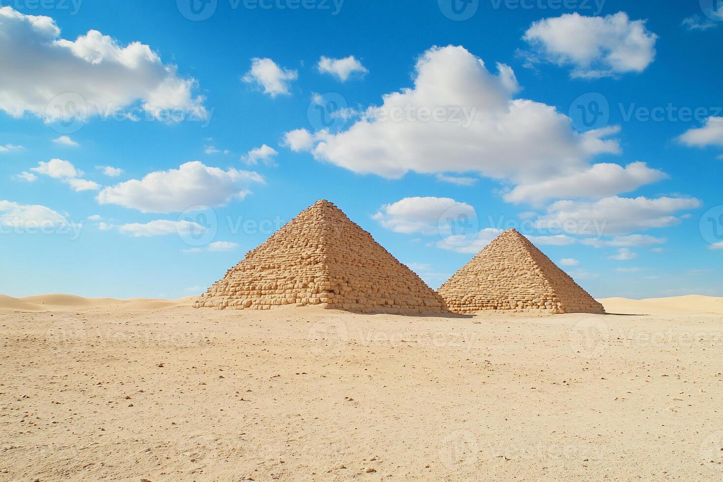 Two pyramids stand in a sandy desert under a blue sky with clouds. photo