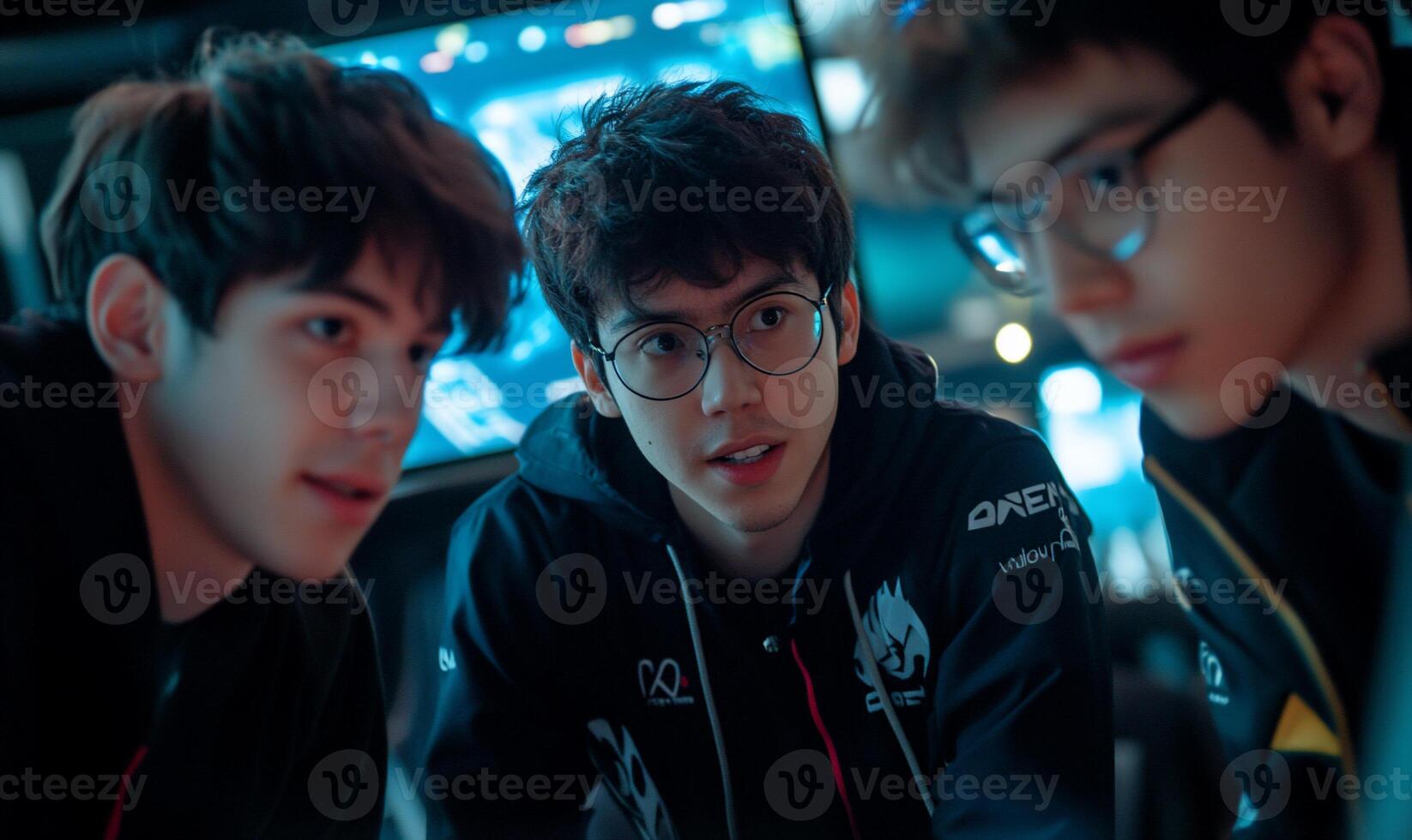 Three young men engaged in conversation, likely discussing gaming strategies. photo