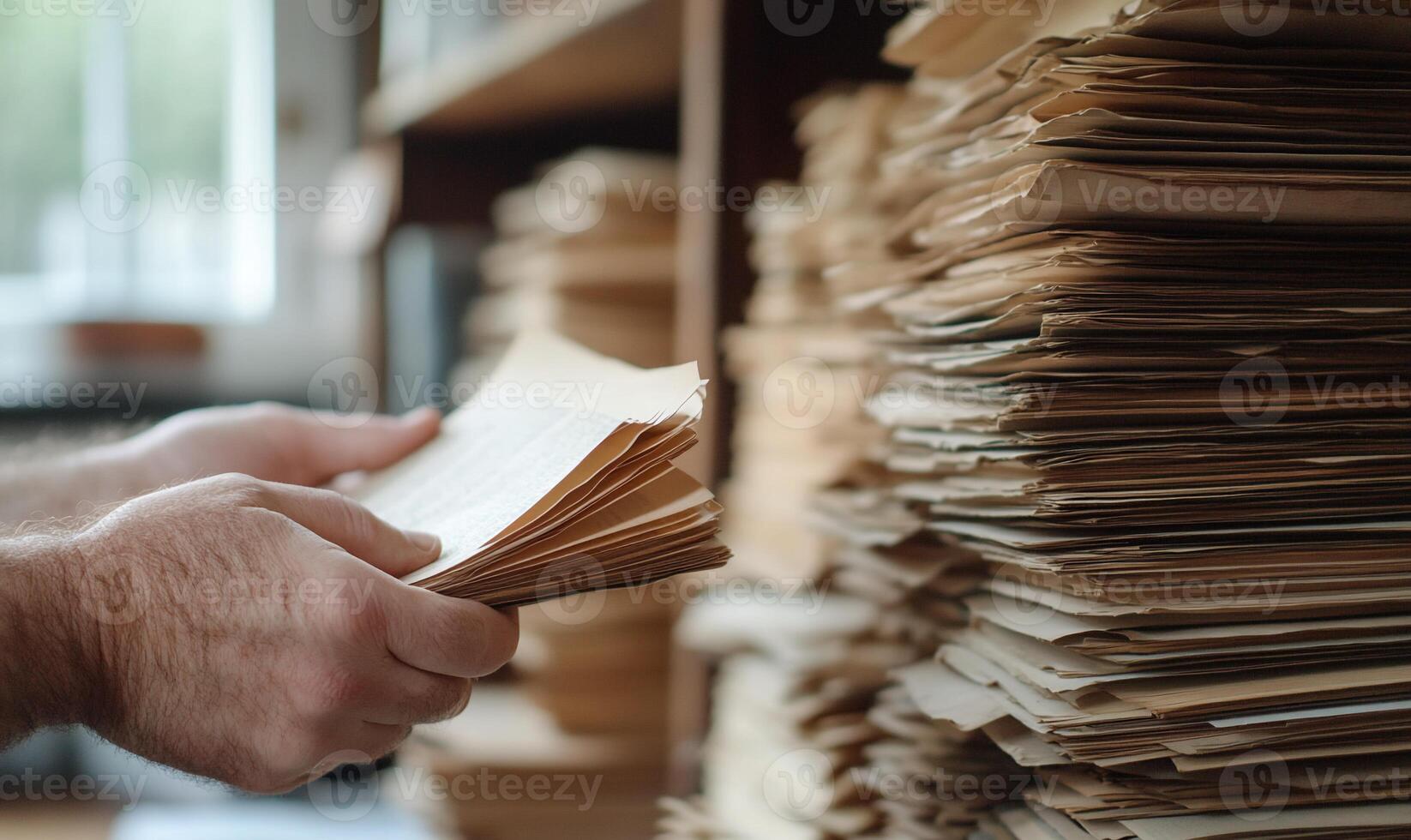 A person sorting through stacks of documents in an office setting. photo