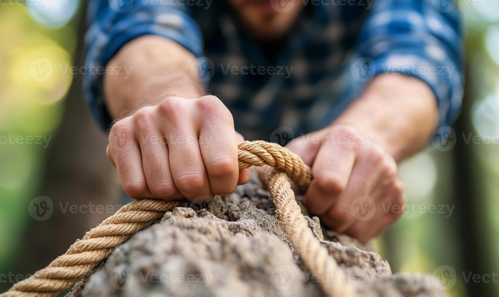 A person gripping a rope tightly while climbing a rock in nature. photo