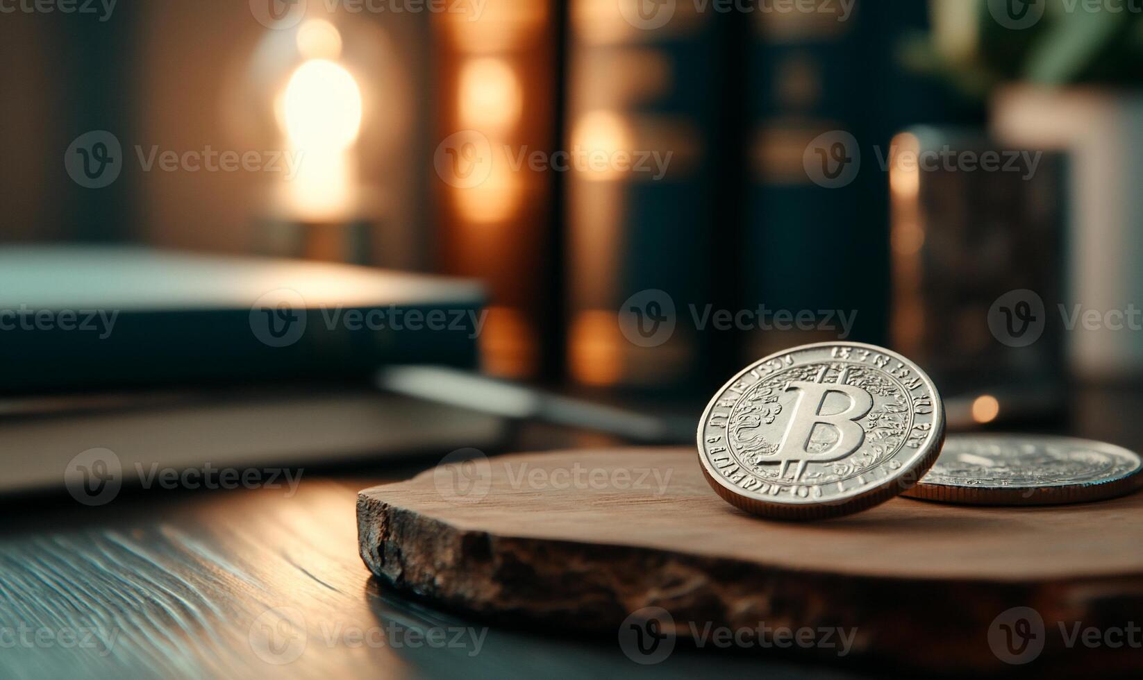 Bitcoin coins on a wooden surface with books and a lamp in background. photo