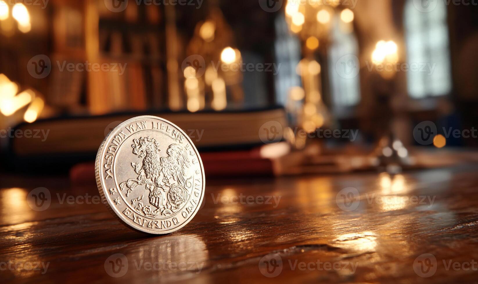 A silver coin resting on a wooden table with a blurred background. photo