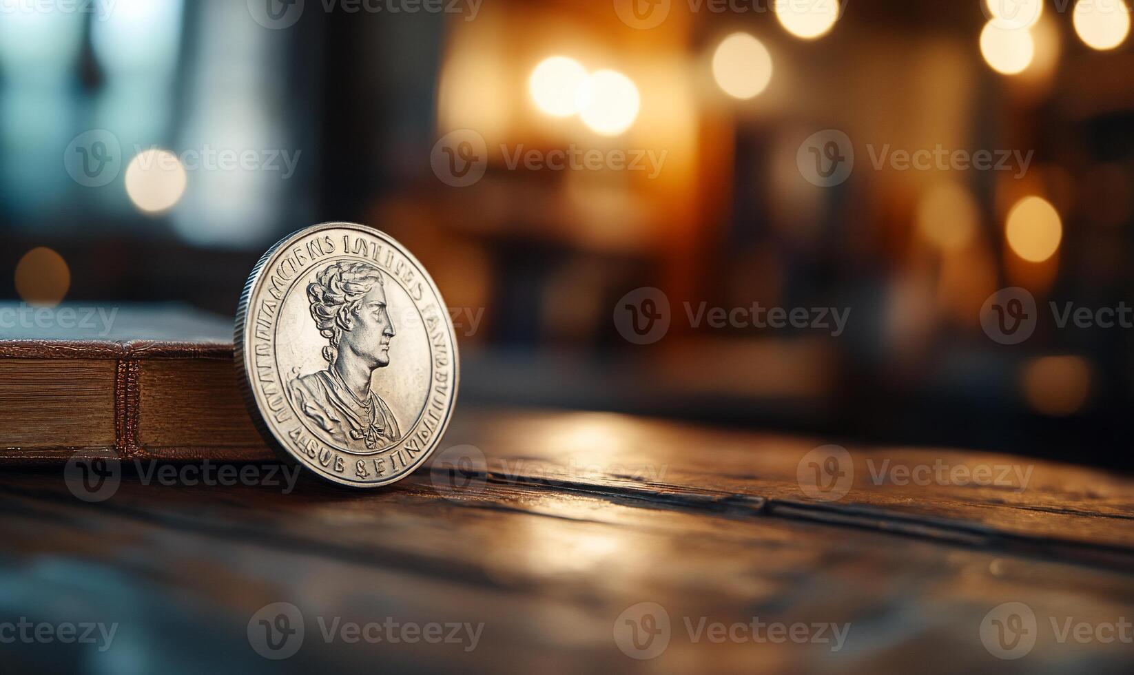 A silver coin rests on a wooden surface beside an old book. photo