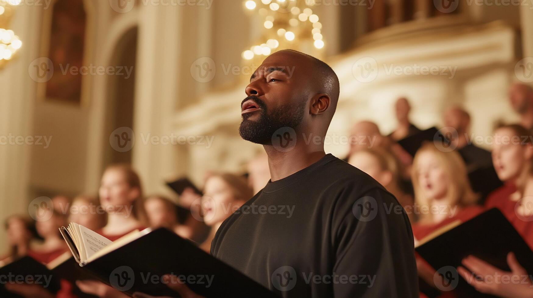 A male singer performing in a choir, surrounded by other vocalists. photo