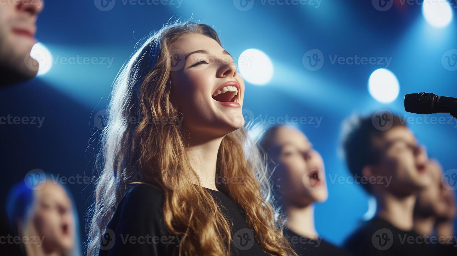 A choir performing passionately on stage with bright lights. photo